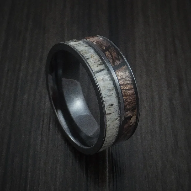 Black Zirconium Men's Ring with Camo and Antler Inlays Custom Made Wedding Band