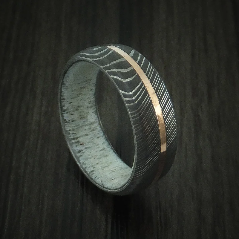 Damascus Steel Men's Ring with 14K Rose Gold Inlay and Antler Sleeve Custom Made Band