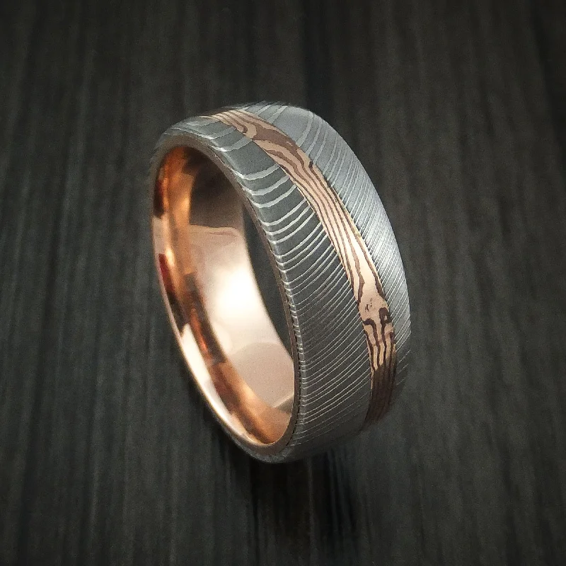 Damascus Steel Men's Ring with Diagonal Rose Gold Mokume Shakudo Inlay and Rose Gold Sleeve Custom Made