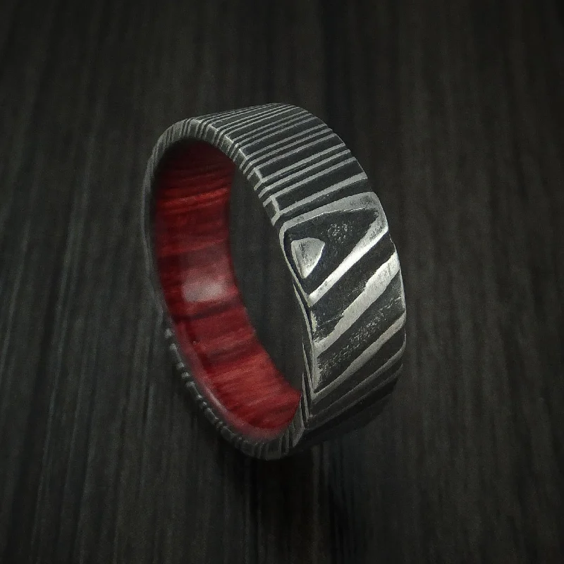 Kuro Damascus Steel Men's Ring with Red Heart Wood Hardwood Sleeve Custom Made Wood Band