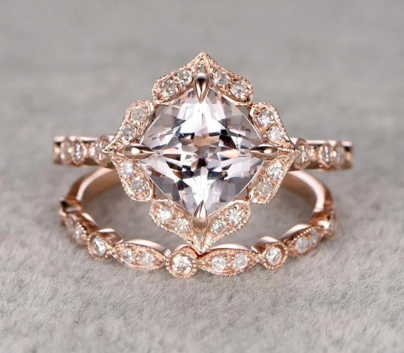 Antique 1.60 Carat Cushion Cut Morganite Ring Set With Moissanite Diamonds in 10k Rose Gold