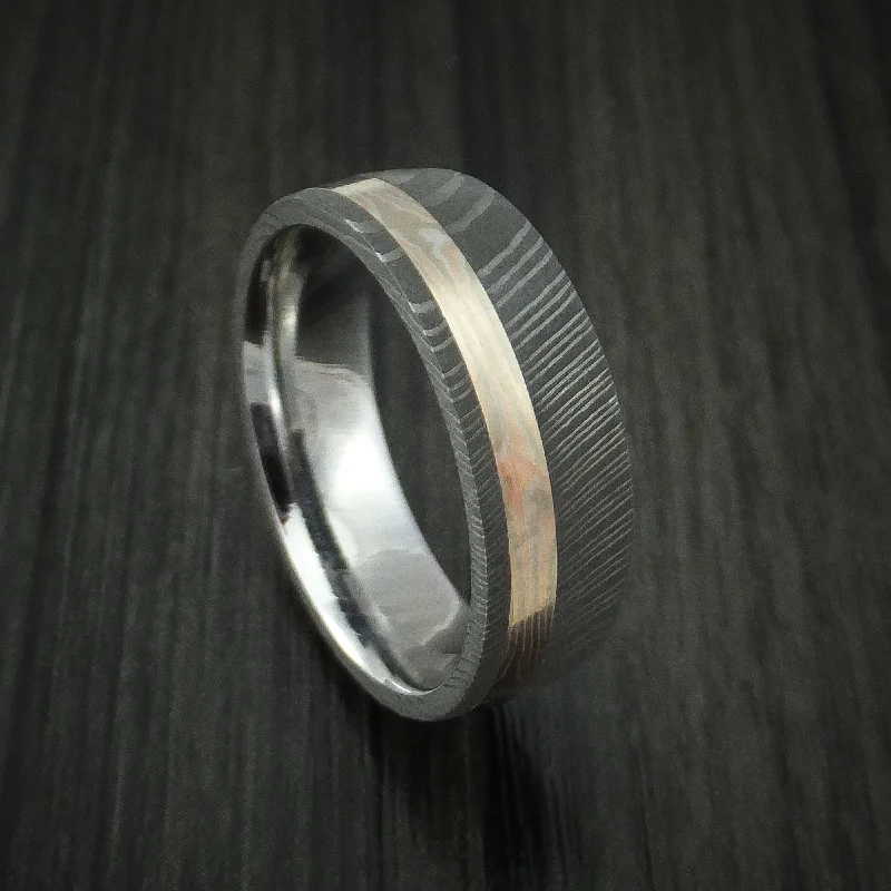 Damascus Steel Men's Ring with Mokume Gane Inlay Custom Made Band