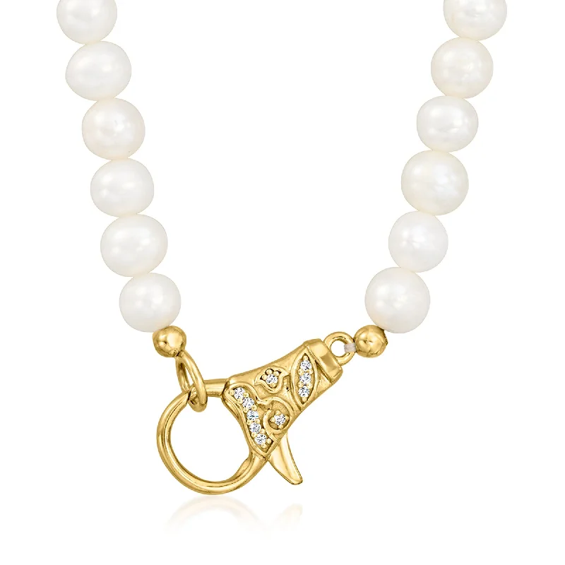 Solid bar necklaces-Ross-Simons 5.5-6mm Cultured Pearl and . Diamond Lobster Clasp Necklace in 18kt Gold Over Sterling