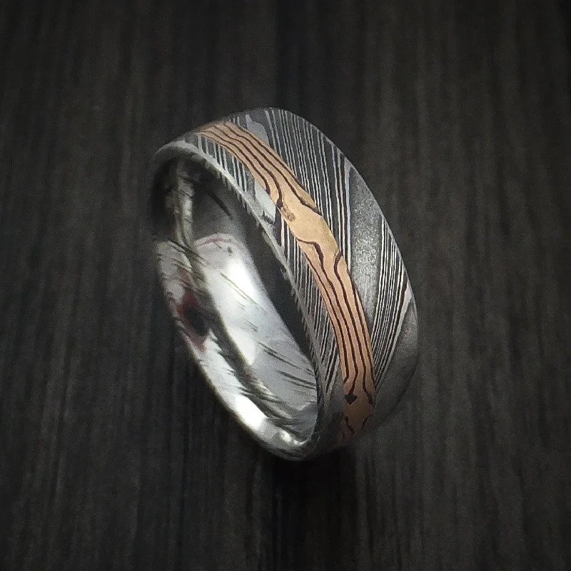 Kuro Damascus Steel Men's Ring with 14k Rose Gold Mokume Shakudo Inlay Custom Made Band