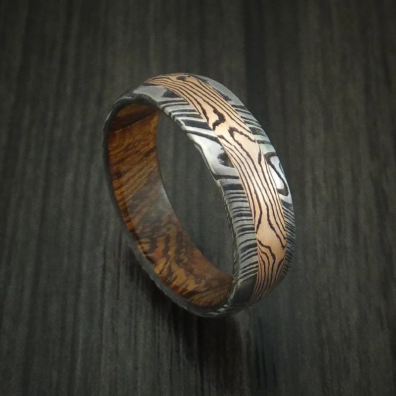 Kuro Damascus Steel Men's Ring with 14K Rose Gold Mokume Shakudo Inlay and Desert Ironwood Burl Wood Sleeve Custom Made Band