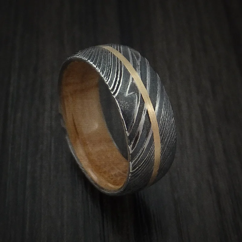 Kuro Damascus Steel Men's Ring with 14K Yellow Gold Inlay and Whiskey Barrel Wood Hardwood Sleeve Custom Made Wood Band