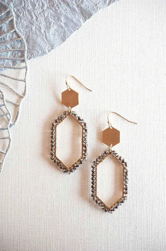 Soft clay earrings-Textured disc earrings-Mary Beaded Geometric Earrings | Smokey Gray and Gold Beaded Drop Earrings