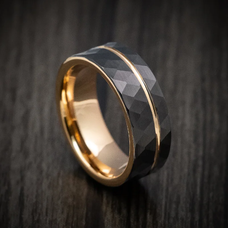 Black Tungsten Faceted Men's Ring with Rose Gold Inlay and Sleeve