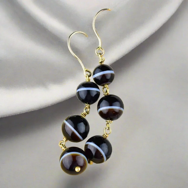 Heavy hoop earrings-Thin hoop earrings-Vintage 14K Gold Banded Agate Ball Drop Earrings