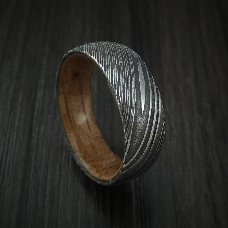 Kuro Damascus Steel Men's Ring with Hardwood Sleeve Custom Made Wood Band