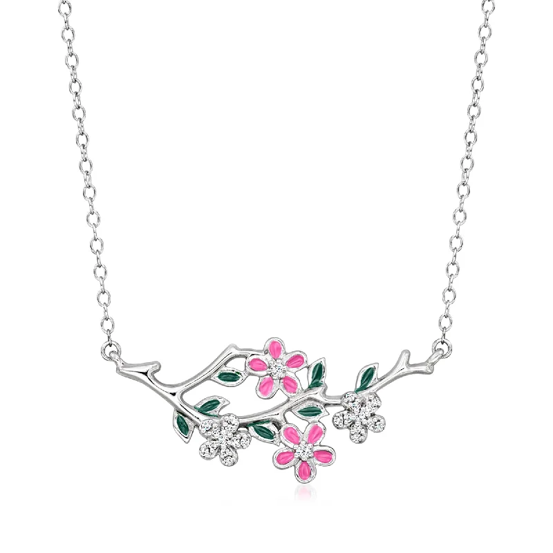 Layered strand necklaces-Ross-Simons Diamond Floral Branch Necklace With Pink and Green Enamel in Sterling Silver