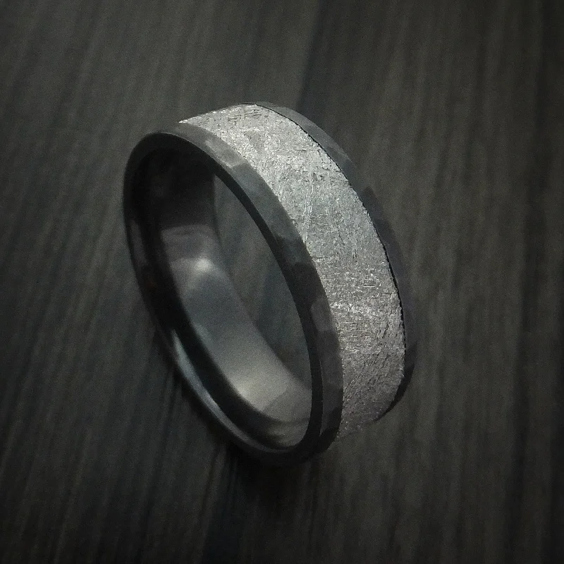 Black Zirconium Hammered Men's Ring with Gibeon Meteorite Inlay Custom Made