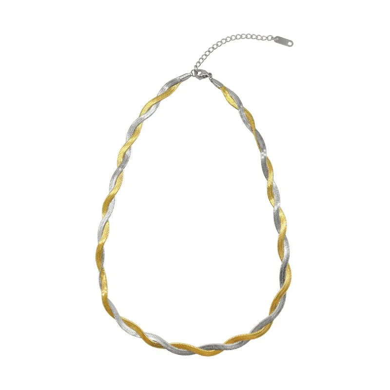 Oval pendant necklaces-Tarnish Resistant 14k Gold Plated Interlaced Gold and Silver Herringbone Chain Necklace