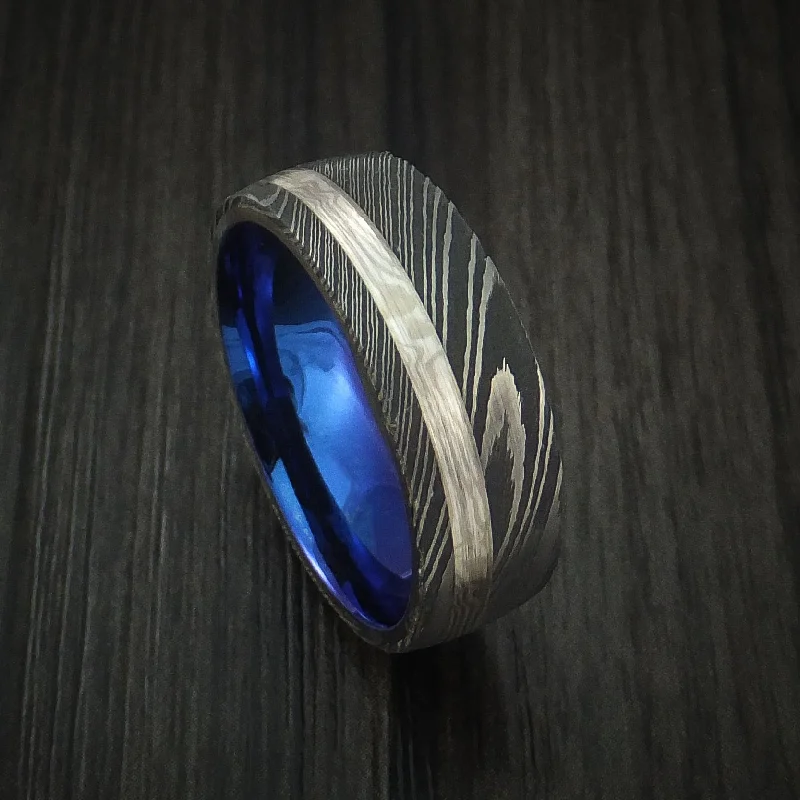 Damascus Steel and Palladium Mokume Gane Men's Ring with Anodized Titanium Sleeve Custom Made