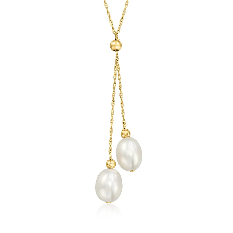 Glossy shine necklaces-Ross-Simons 6-7mm Cultured Pearl Double-Drop Necklace in 14kt Yellow Gold