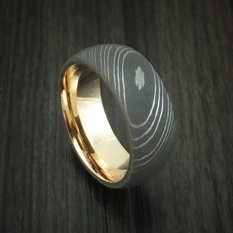 Damascus Steel Men's Ring with 14k Yellow Gold Sleeve Custom Made Band