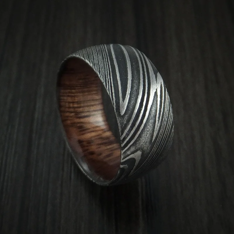 Kuro Damascus Steel Men's Ring with Koa Wood Hardwood Sleeve Custom Made Wood Band