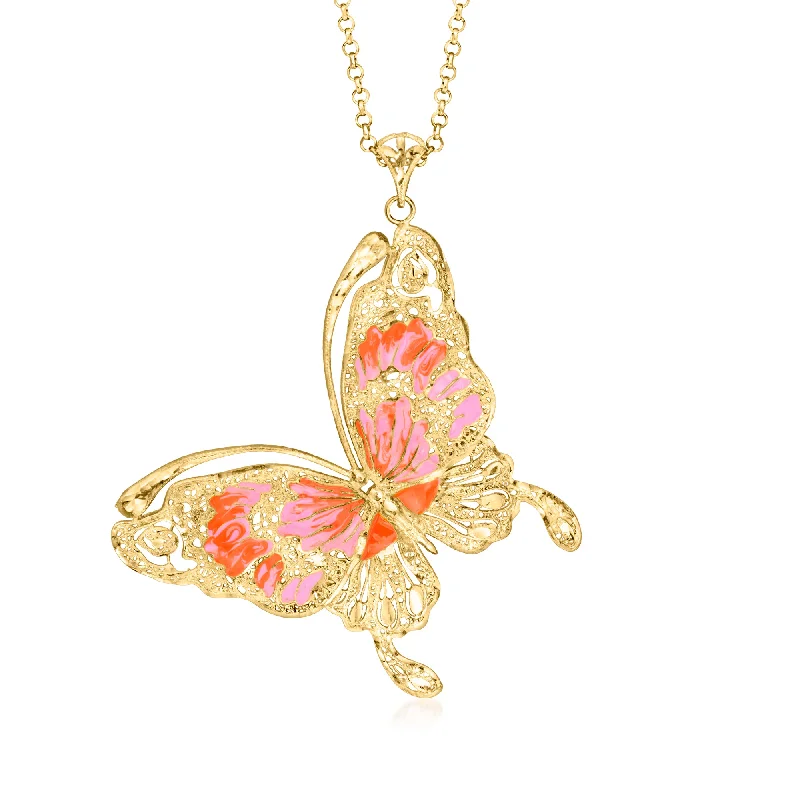 Lunar star necklaces-Ross-Simons Italian Pink and Orange Enamel Butterfly Pendant Necklace in 18kt Gold Over Sterling