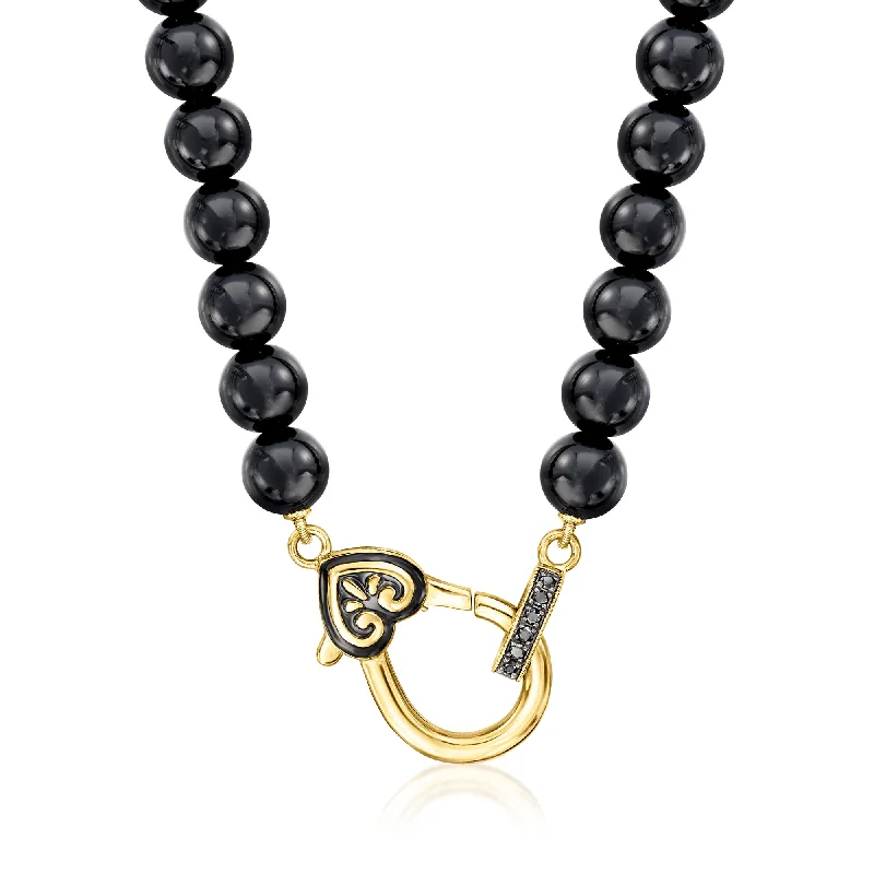 Clean-line necklaces-Ross-Simons 6mm Black Agate Bead and Black Enamel Oversized Lobster Clasp Necklace With Black Diamond Accents in 18kt Gold Over Sterling