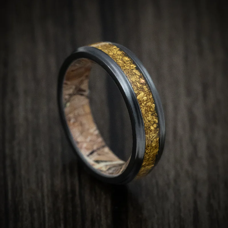 Black Titanium and 24K Raw Gold Nugget Men's Ring with Camo Sleeve Custom Made Band