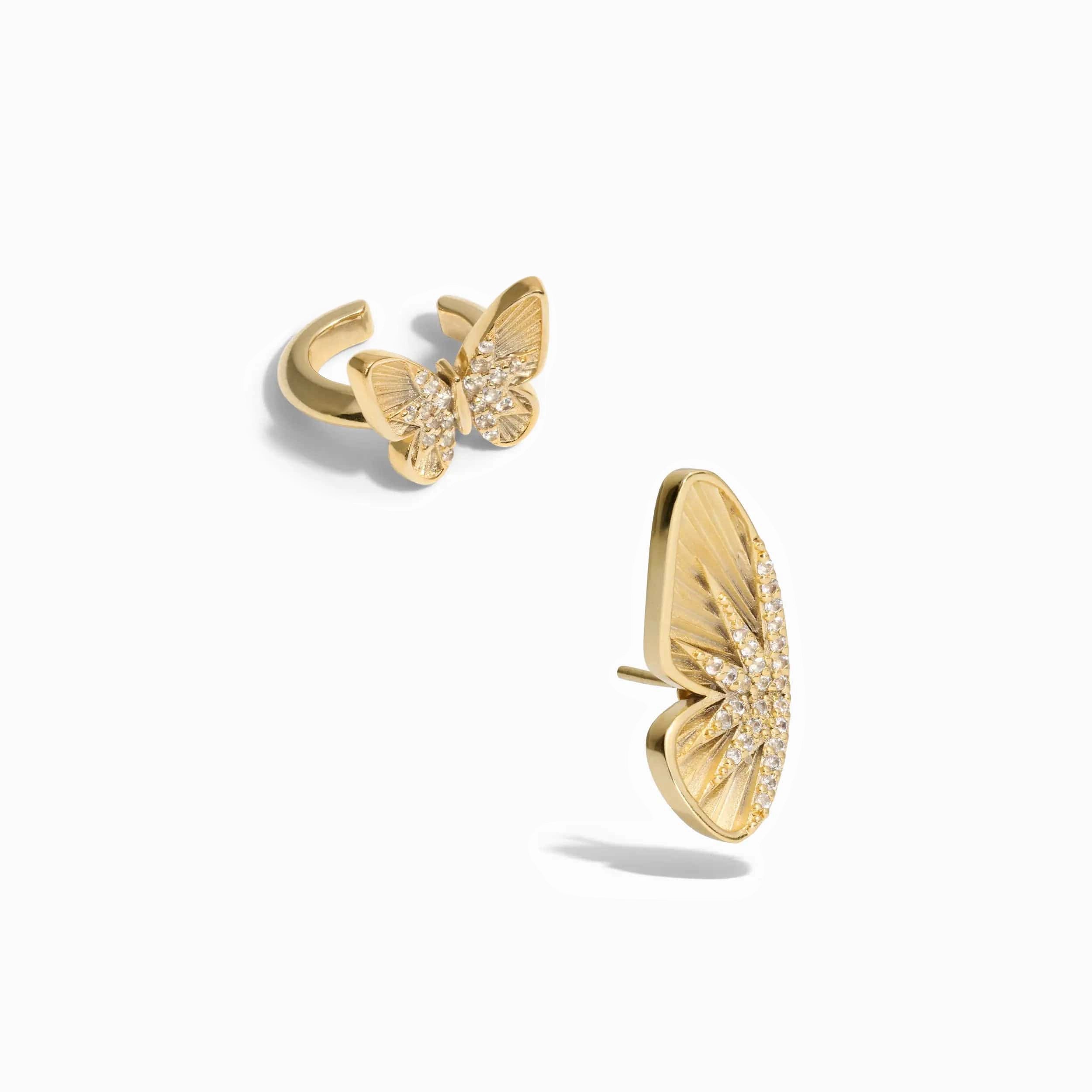 Oval gem rings-Fine star earrings-Pavé Butterfly Ear Cuff Set