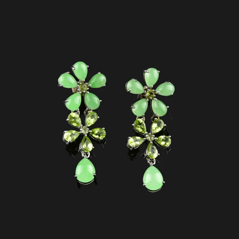 Elastic open rings-Simple cross earrings-Vintage Silver Peridot Chalcedony Floral Dangle Earrings