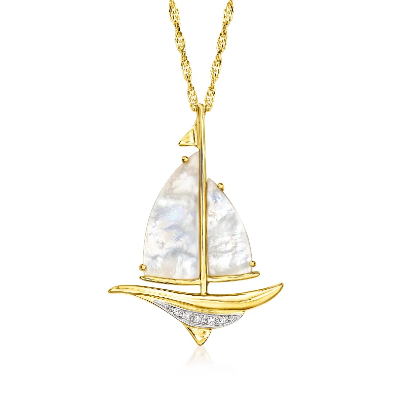 Antique locket necklaces-Ross-Simons Mother-Of-Pearl Sailboat Pendant Necklace With Diamond Accents in 18kt Gold Over Sterling