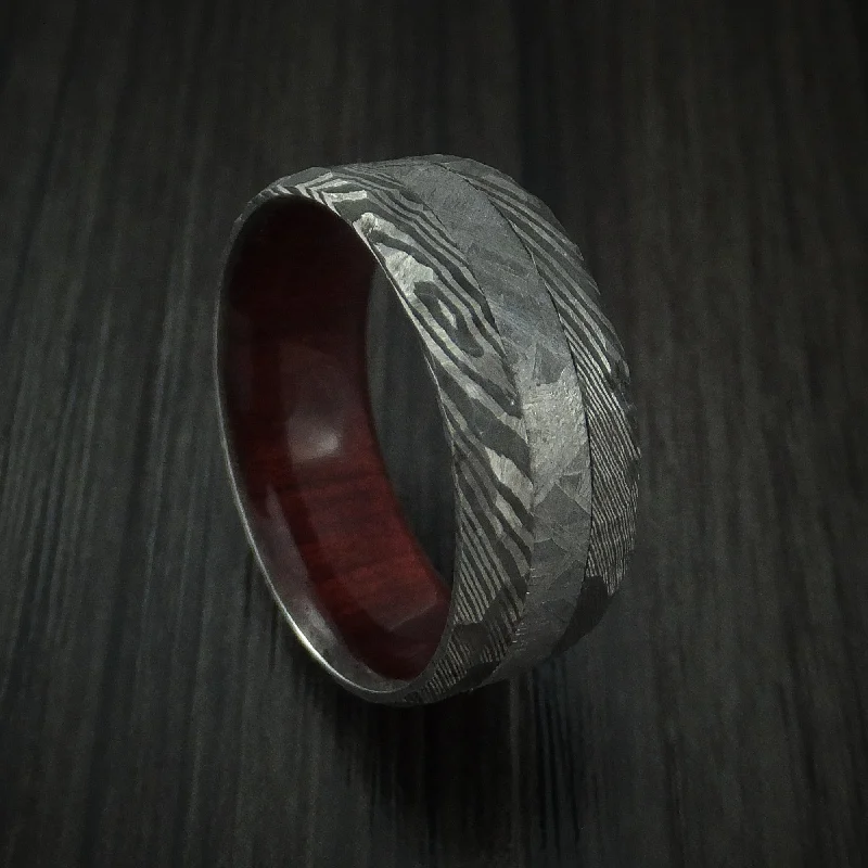 Damascus Steel and Gibeon Meteorite Hammered Men's Ring with Hardwood Sleeve Custom Made Band