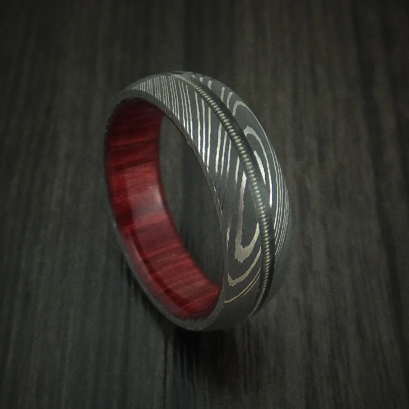 Damascus Steel Guitar String Men's Ring with Red Heart Wood Sleeve Custom Made Band