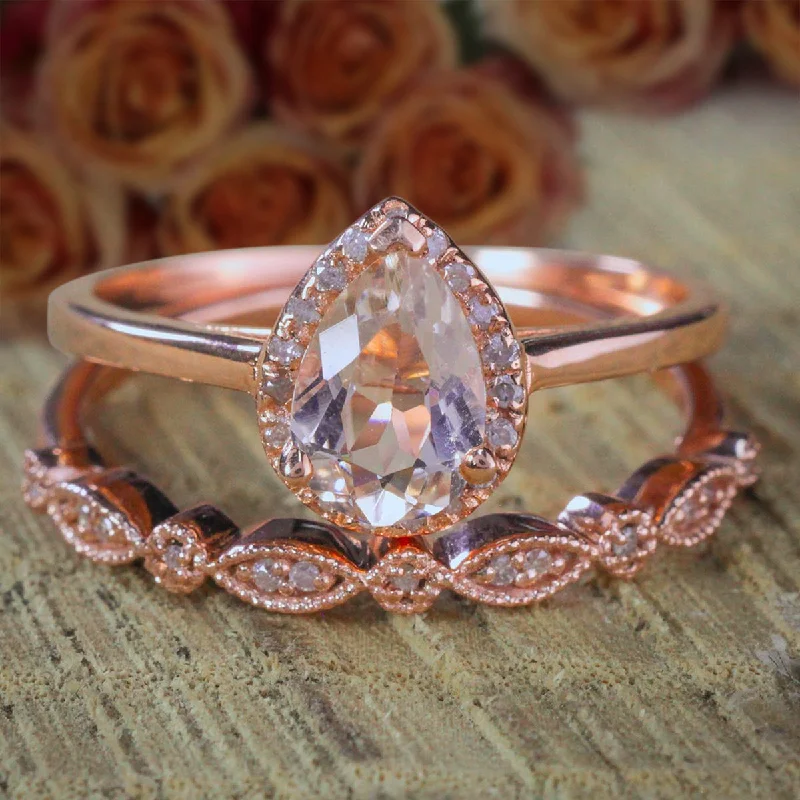 2 Carat Pear Shape Morganite And Diamond Moissanite Halo Bridal Wedding Ring Set Antique Design 10k Rose Gold