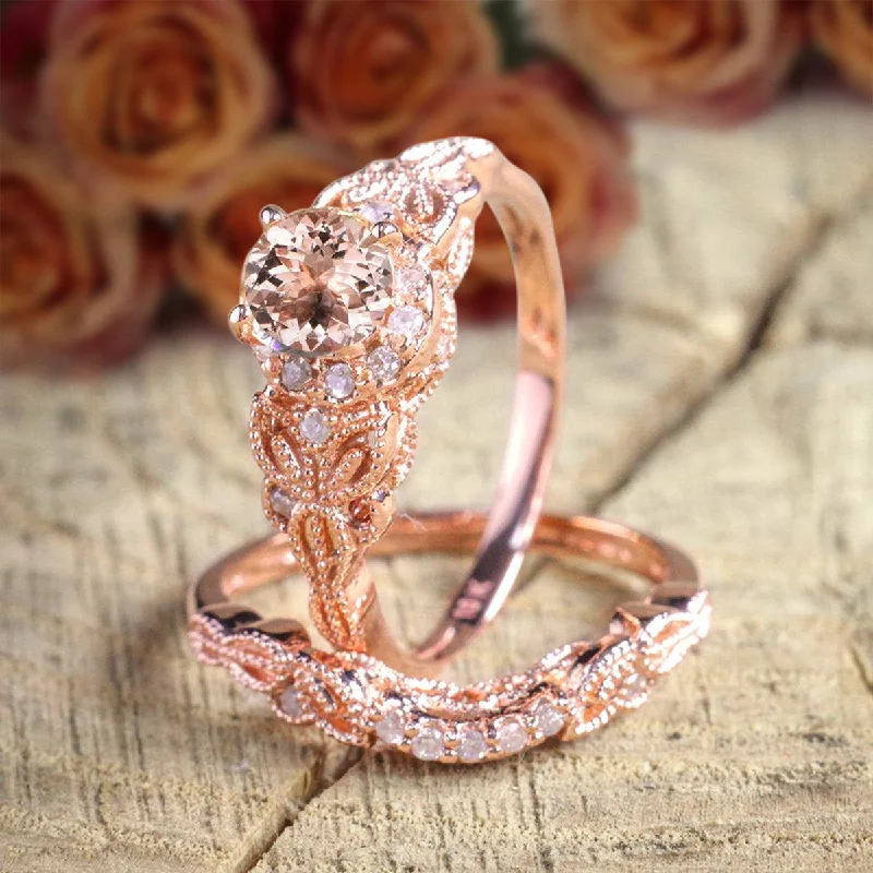 Art Deco Round Cut 1.50 Carat Morganite And Diamond Moissanite Halo Wedding Ring Set in 10k Rose Gold