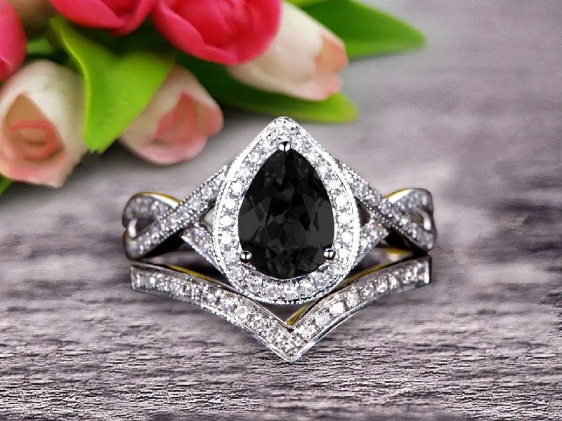 1.75 Carat Pear Shape Teardrop Black Diamond Moissanite Bridal Set Diamond Moissanite Wedding Ring On 10k White Gold