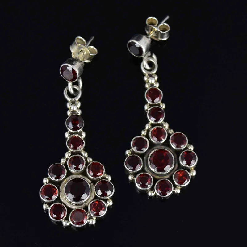 Bamboo style rings-Polished art earrings-Vintage Garnet Floral Cluster Long Drop Earrings in Silver