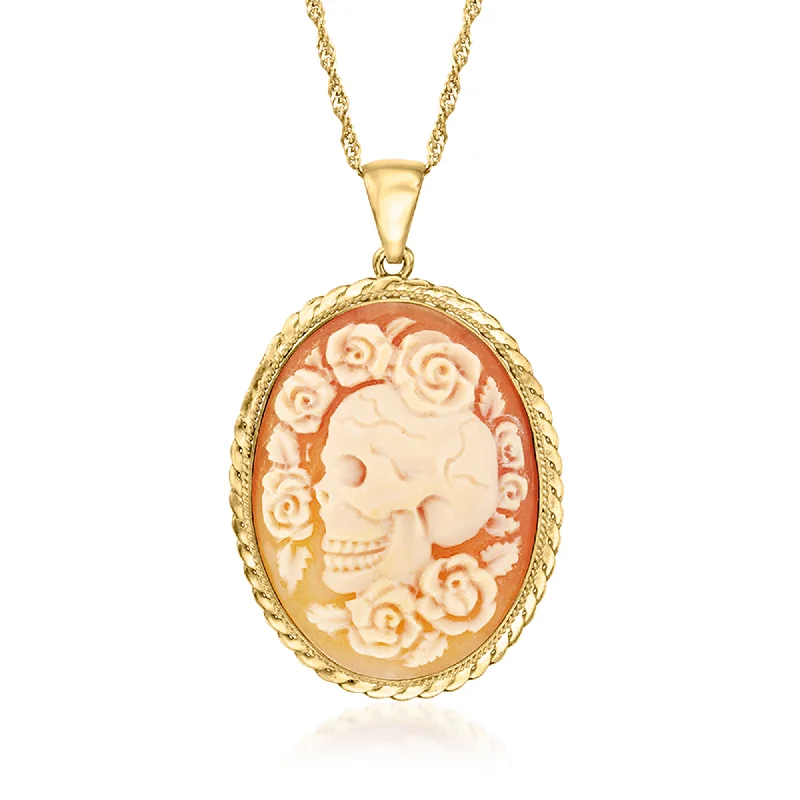 Half moon necklaces-Ross-Simons Italian Orange Shell Floral Skull Cameo Pendant Necklace in 18kt Gold Over Sterling