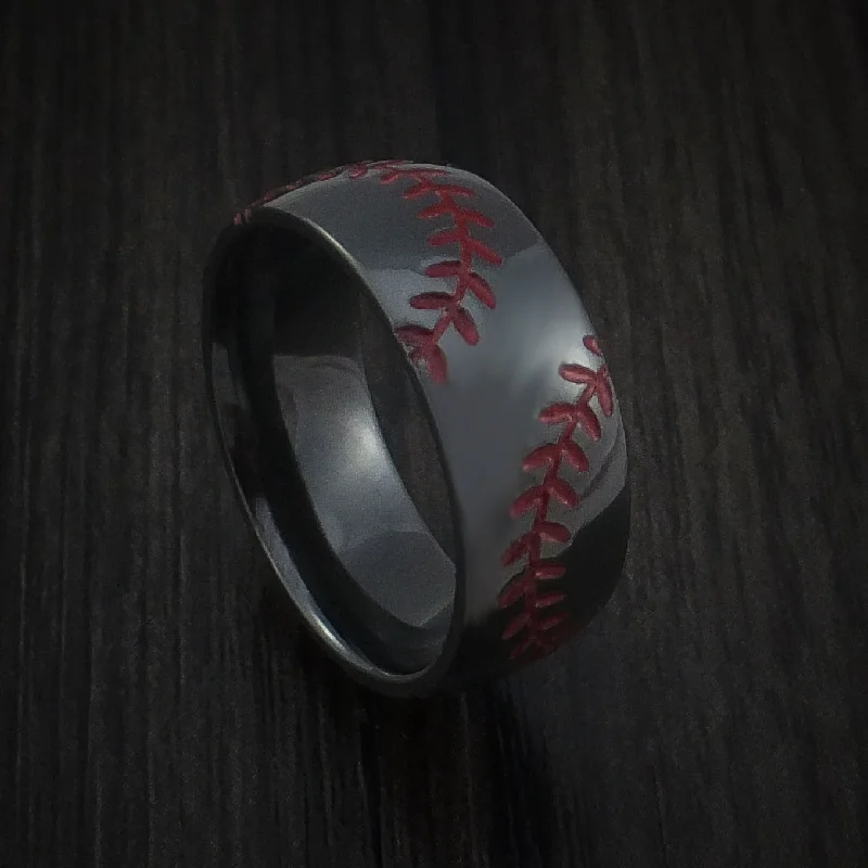 Black Zirconium Baseball Men's Ring with Double Stitching Polish Finish