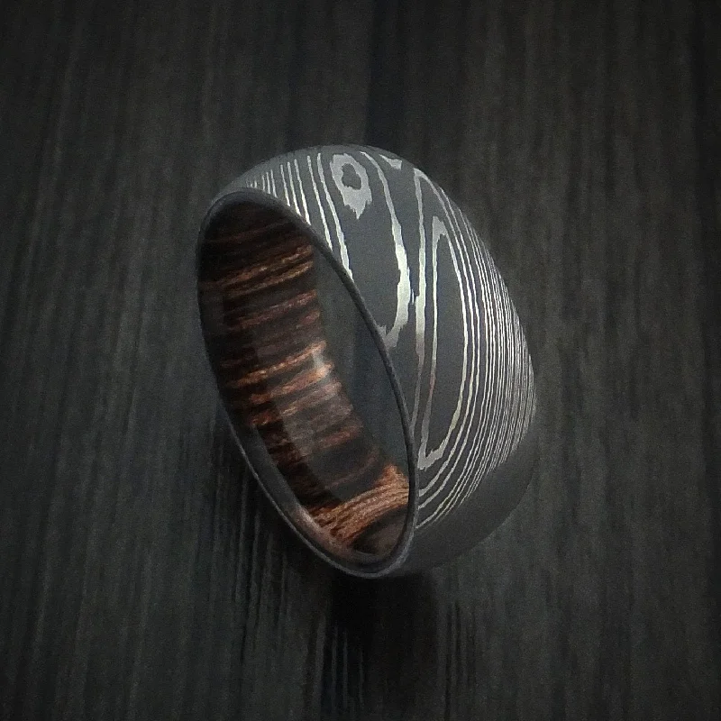 Damascus Steel Men's Ring with Hardwood Interior Sleeve Custom Made