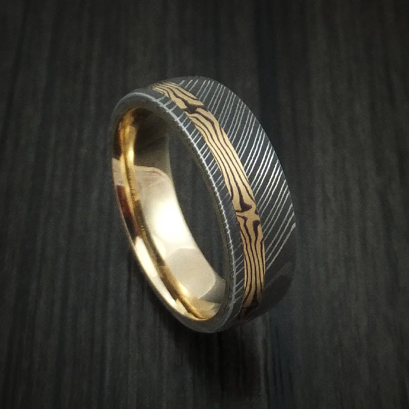 Damascus Steel Men's Ring with 18K Yellow Gold Mokume Shakudo and 14K Yellow Gold Sleeve Custom Made Band