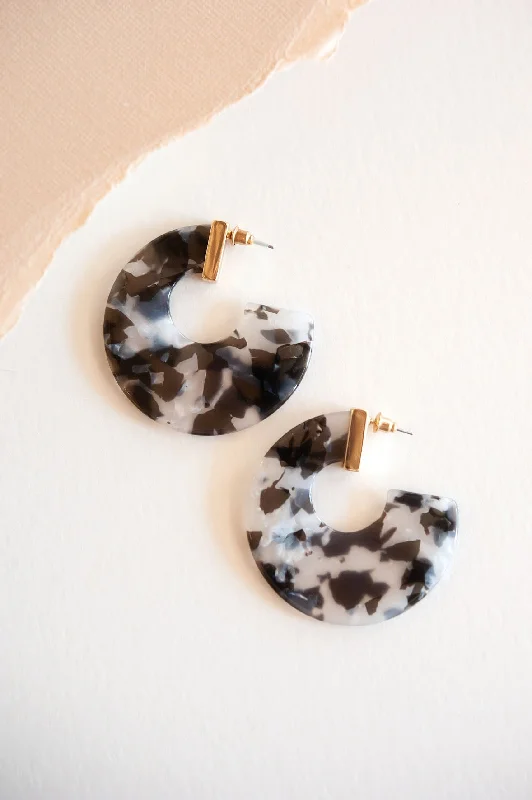 Smooth stud earrings-Flat coin earrings-Autumn Marble Lucite Hoops | Black and White with Gold Accent Earring