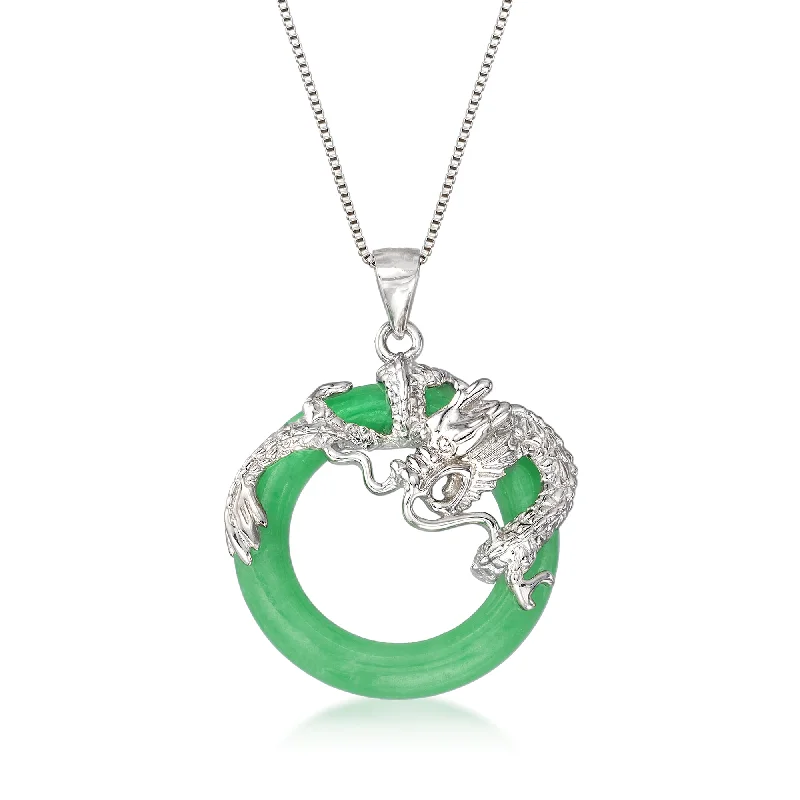 Glossy enamel necklaces-Ross-Simons Green Jade Dragon Open-Space Pendant Necklace in Sterling Silver