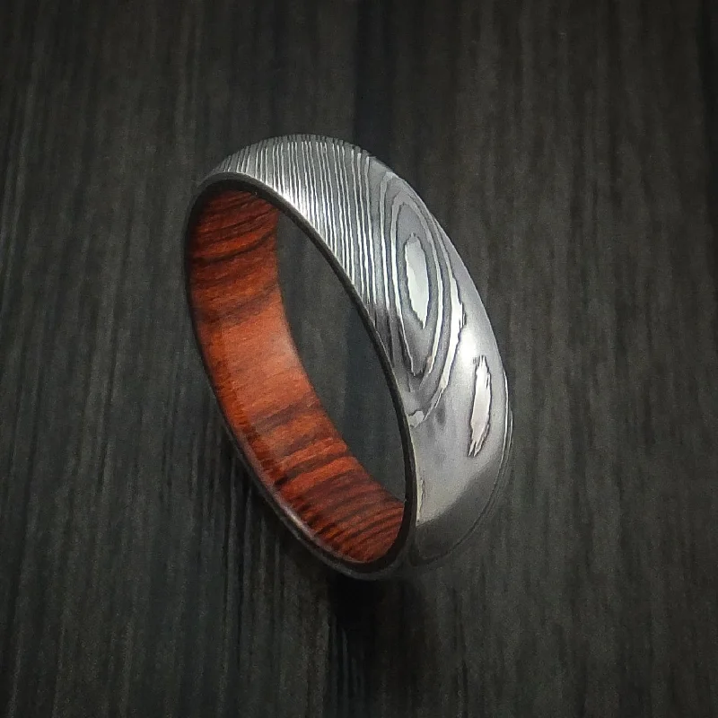 Damascus Steel Men's Ring with Hardwood Interior Sleeve Custom Made