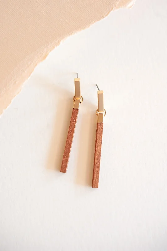 Soft threader earrings-Shiny crystal earrings-Alice Minimalist Wood Earring | Gold Accented Boho Dangles