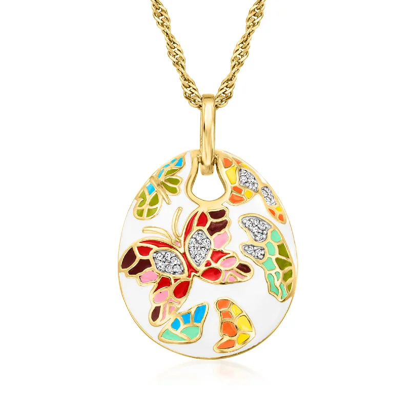 Classic style necklaces-Ross-Simons Multicolored Enamel Butterfly Pendant Necklace With White Topaz Accents in 18kt Gold Over Sterling