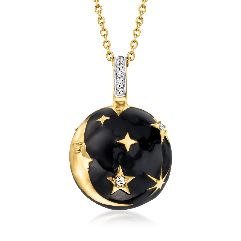 Delicate filigree necklaces-Ross-Simons Black Enamel and . White Topaz Moon and Stars Pendant Necklace in 18kt Gold Over Sterling