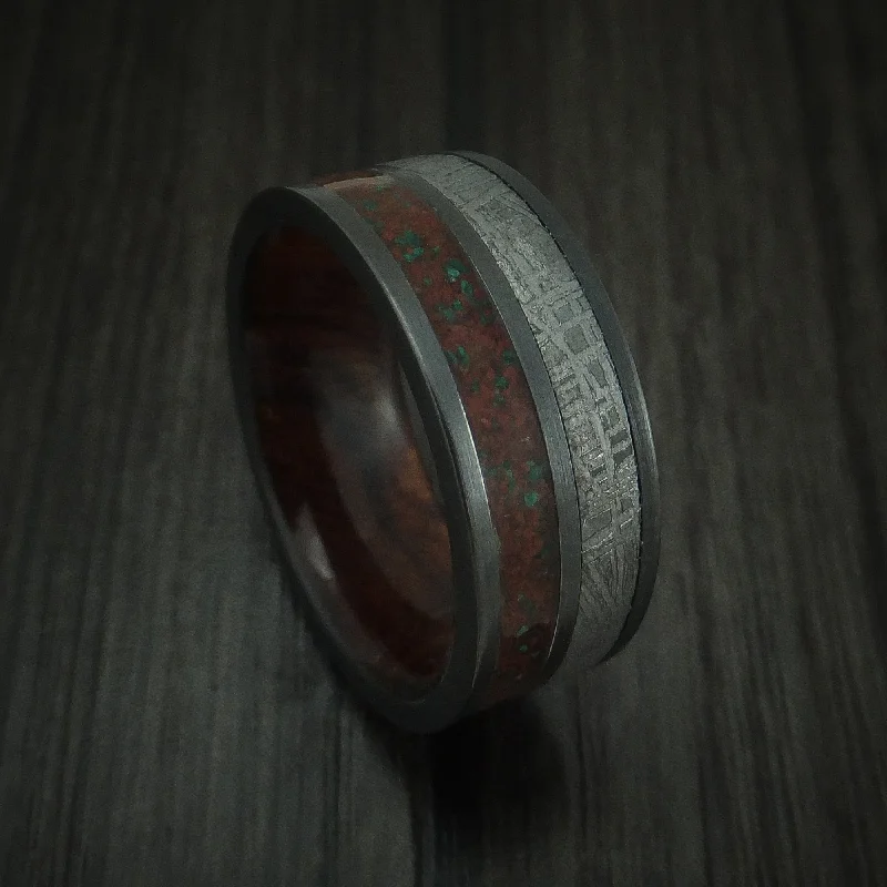 Black Zirconium Mixed Dinosaur Bone And Gibeon Meteorite Men's Ring With Wood Sleeve Custom Made Fossil Band