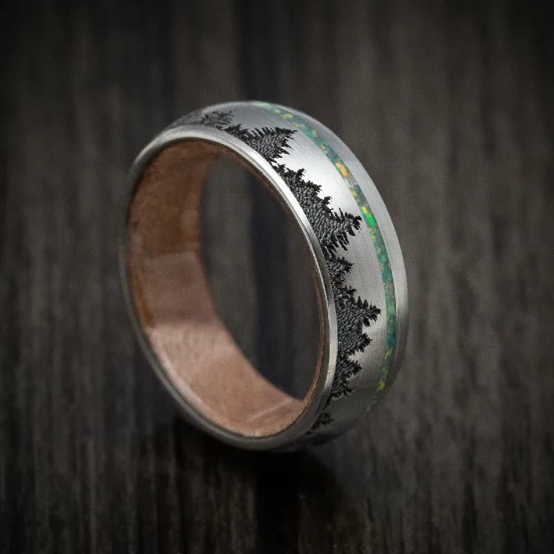 Titanium and Opal Men's Ring with Tree Design and Wood Sleeve Custom Made Band