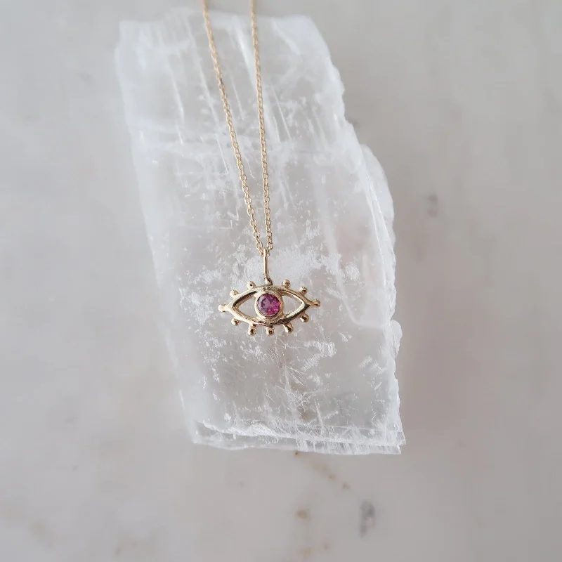 Ruby necklaces-Rhodolite Garnet Beholder Necklace in Yellow Gold