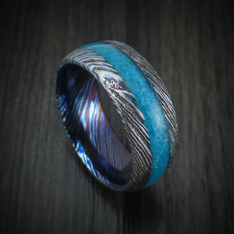 Kuro-Ti Twisted Titanium Etched and Heat-Treated Men's Ring with Stone Inlay Custom Made Band