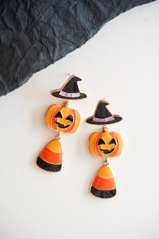 Light clay rings-Leaf pattern earrings-Metal Jack'O'Lantern Dangle | Halloween Pumpkin Earring