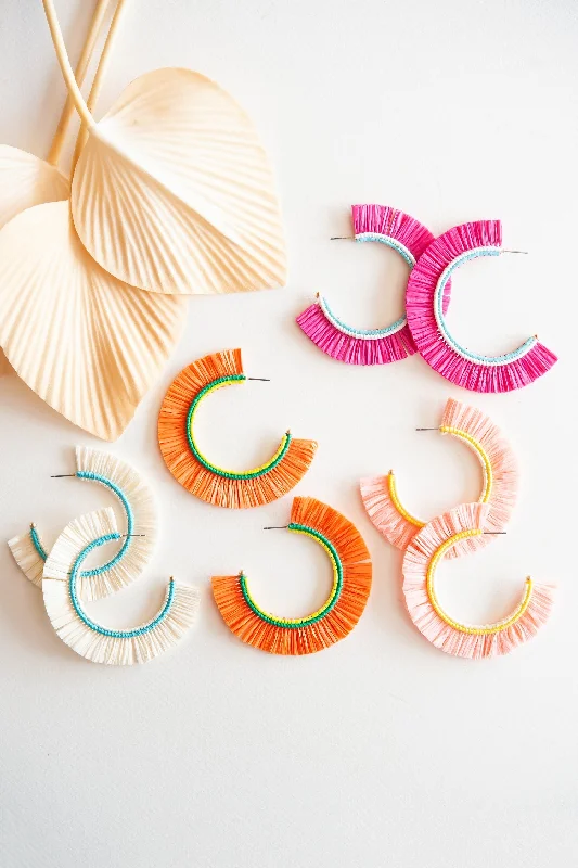 Oval dangle earrings-Gem-woven earrings-Tamera Rattan Fan Hoops | Tropical Vacation Earrings | Colorful Summer Hoop Earrings