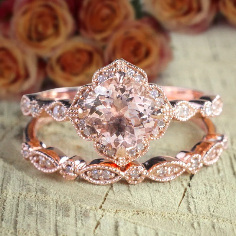 Limited Time Sale 2 Carat Cushion Cut Morganite And Diamond Moissanite Halo Bridal Wedding Ring Set 10k Rose Gold